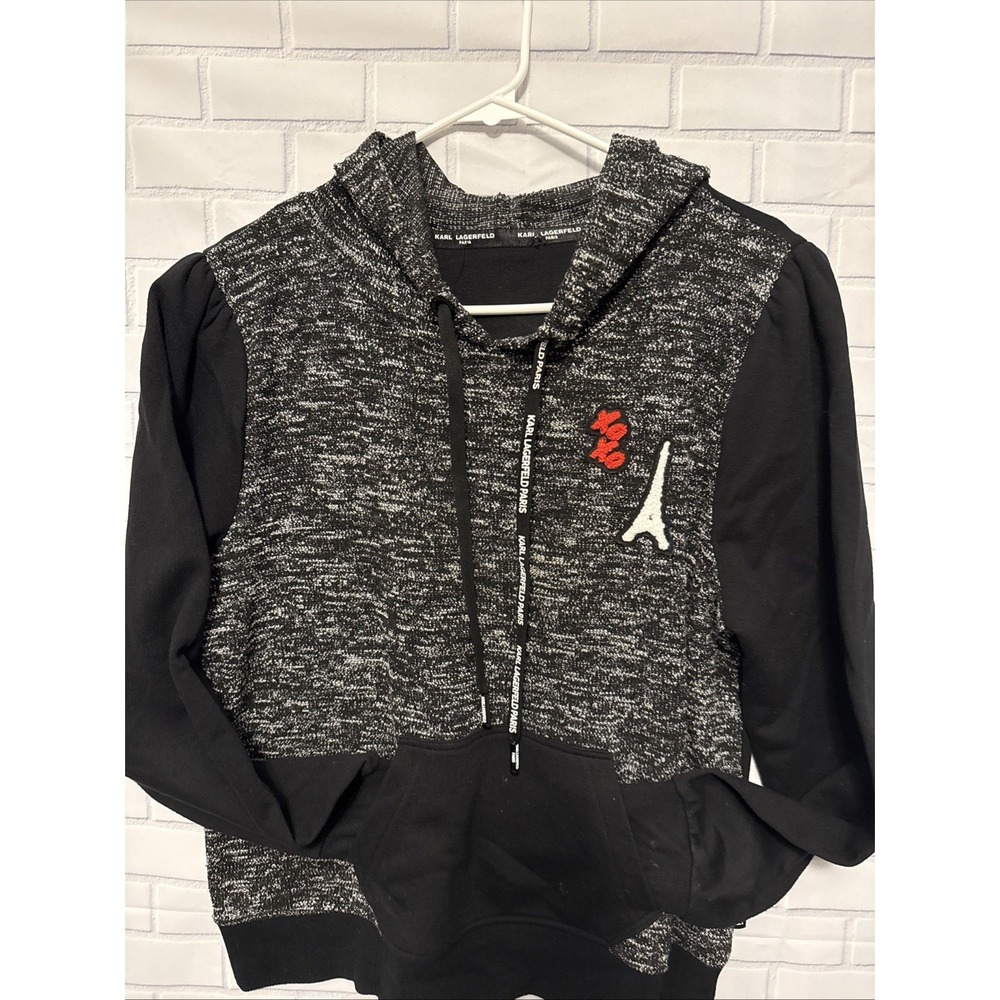 Karl Lagerfeld Paris Women Black Gray Tweed Patch Hoodie Eiffel Tower XOXO M
